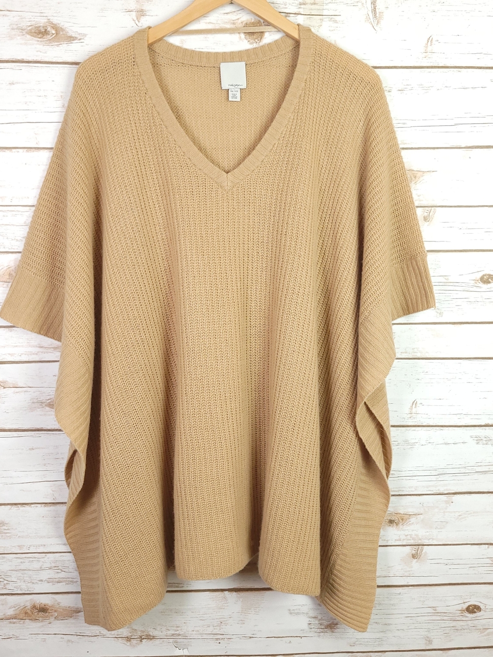 Halogen V-Neck Cashmere One Size Tan Knit Poncho Sweater